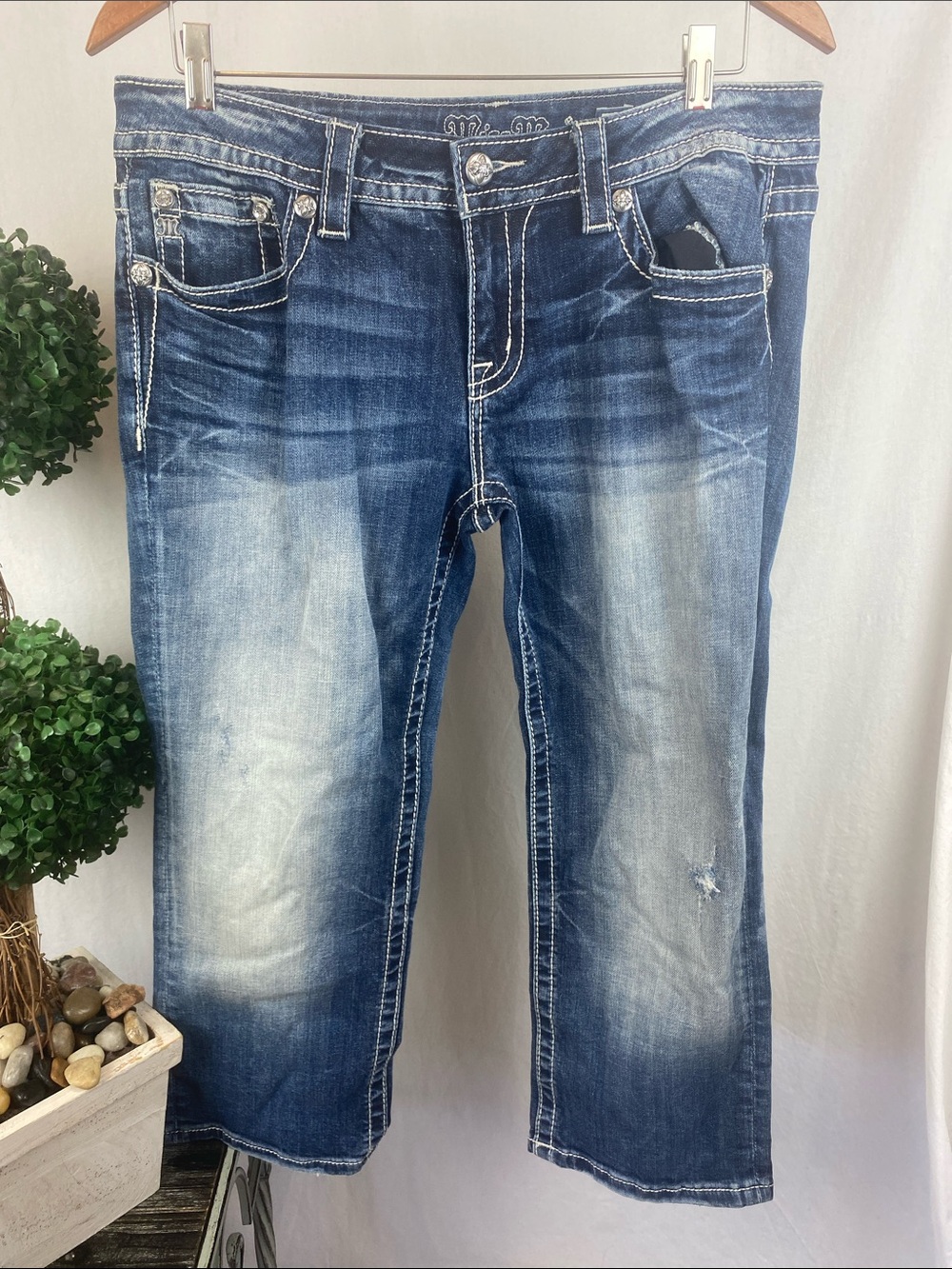Miss Me Blue Signature Cuffed Capri  Embellished Aztec Tribal Jeans 31